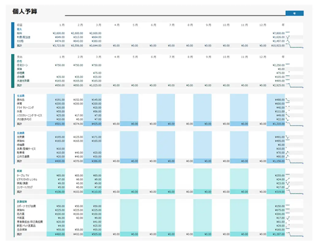 シンプルな個人予算表 blue modern-simple