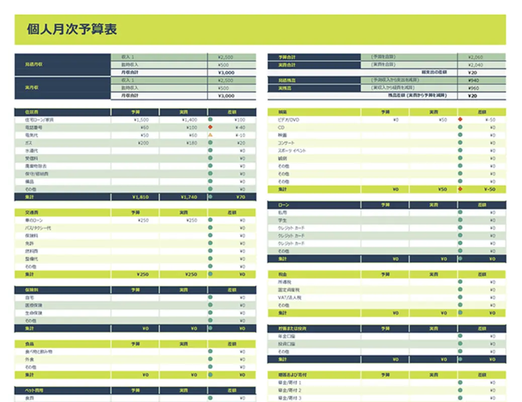月間個人予算スプレッドシート green modern-simple