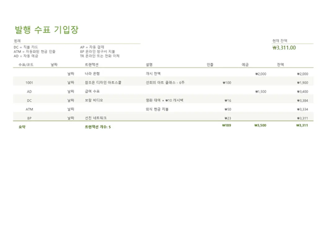 트랜잭션 코드가 포함된 발행 수표 기입장 brown modern simple