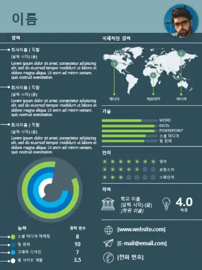 국제 인포메이션 그래픽 이력서 blue modern simple