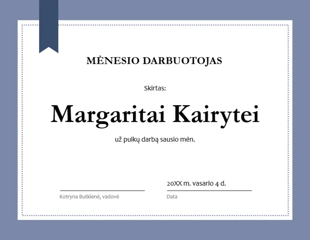 Sertifikatas, skirtas mėnesio darbuotojui blue modern-simple