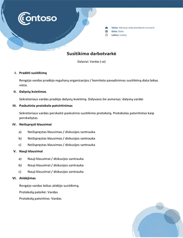 Darbotvarkė su mėlynomis sferomis