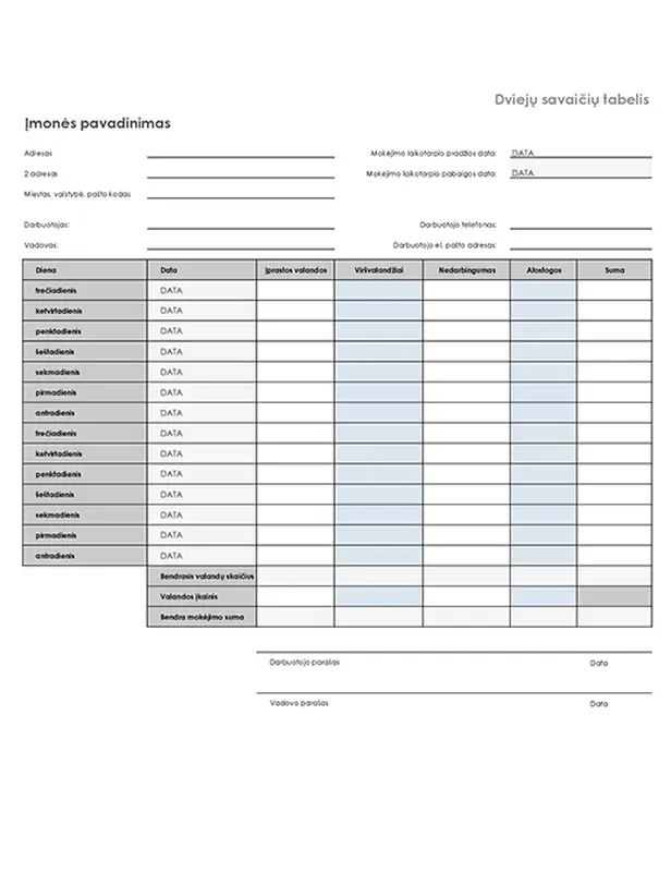 Dviejų savaičių grafikas su nedarbingumo ir atostogų informacija modern simple