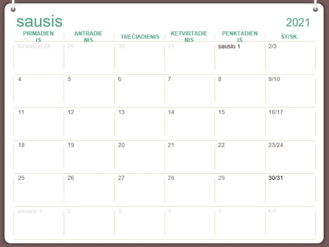 Klasikinis sieninis kalendorius (Pr–Sk, dizainas su dviem kilpelėmis) green modern-simple