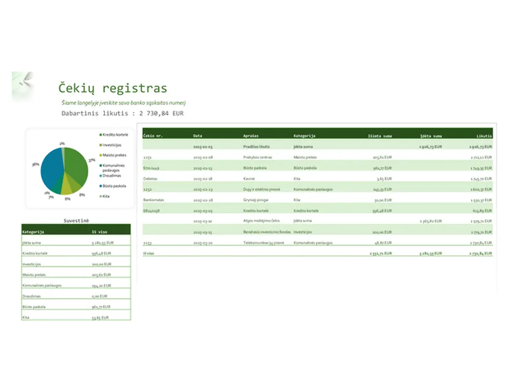 Čekių registras su diagrama