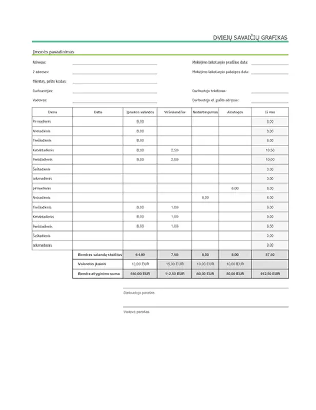 Dviejų savaičių tabelis su nedarbo ir atostogų informacija (su duomenų pavyzdžiais) modern simple