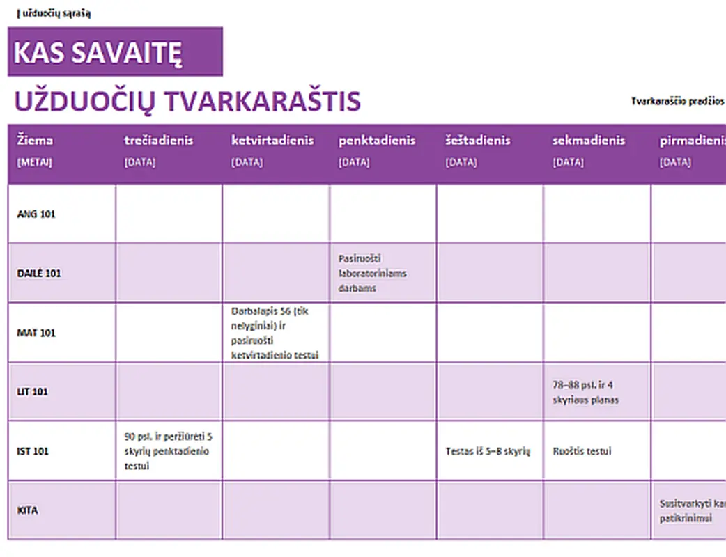Savaitės užduočių sąrašas