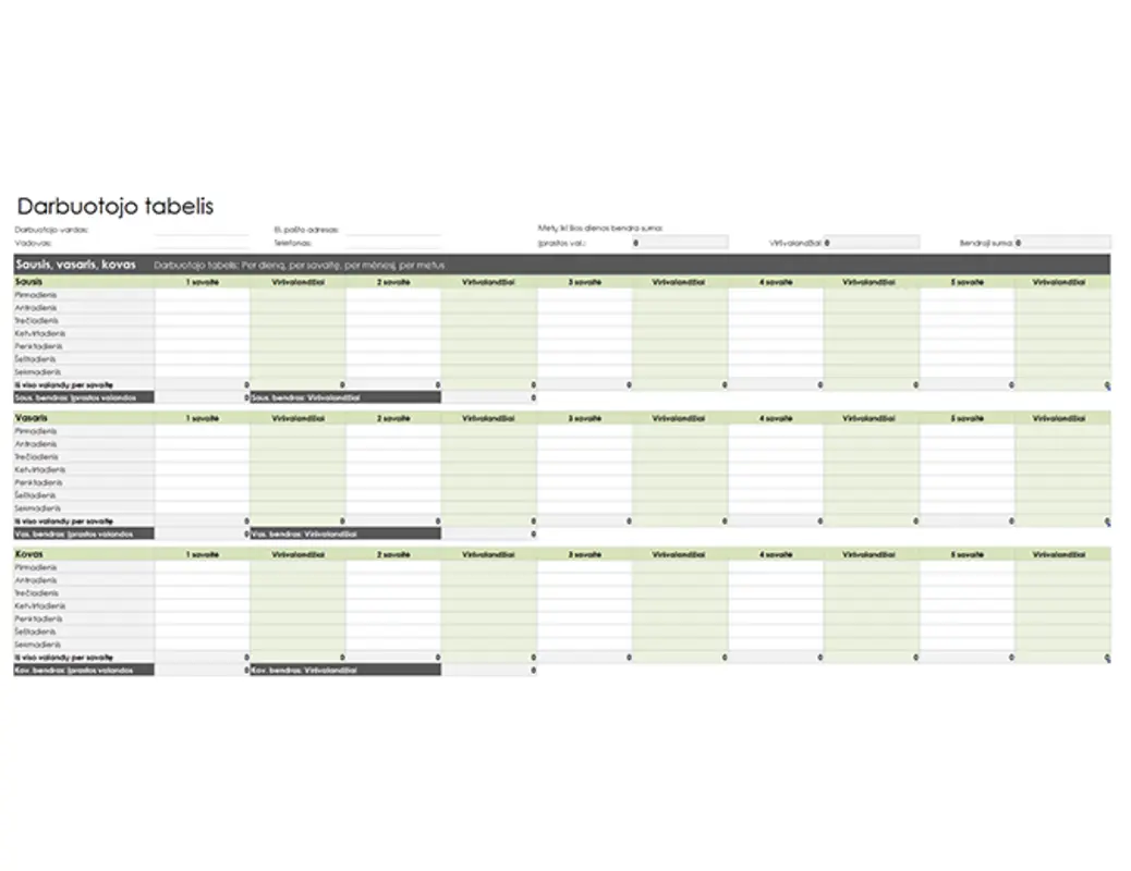 Darbuotojo darbo laiko apskaitos kortelė (dienos, savaitės, mėnesio ir metų) green modern simple