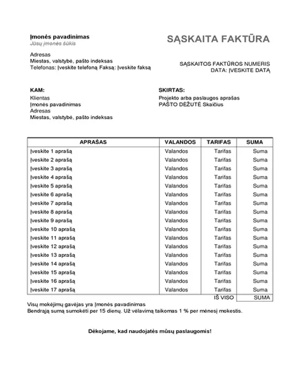 Paslaugų sąskaita faktūra su valandomis ir tarifu