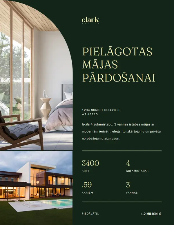 Eleganta, mūsdienīga nekustamā īpašuma skrejlapa green modern,elegant,sophisticated,rounded,classic,photographic