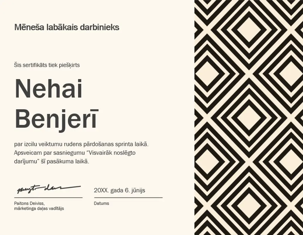 Mēneša izcilākā darbinieka sertifikāts  modern-geometric