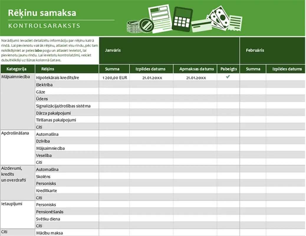 Rēķinu apmaksas kontrolsaraksts modern simple