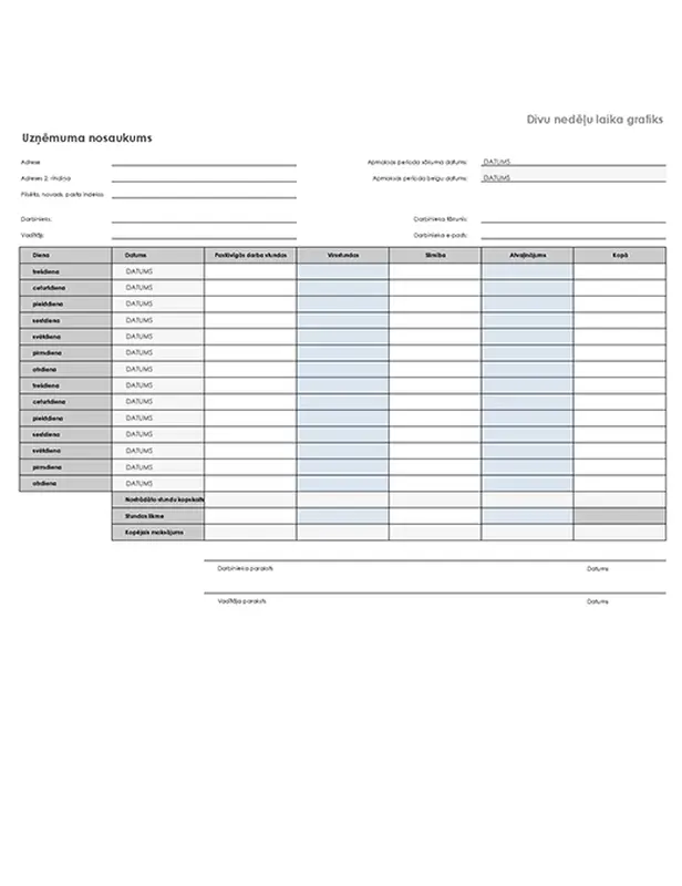 Divu nedēļu darba laika uzskaites tabula ar slimības dienām un atvaļinājumu modern simple