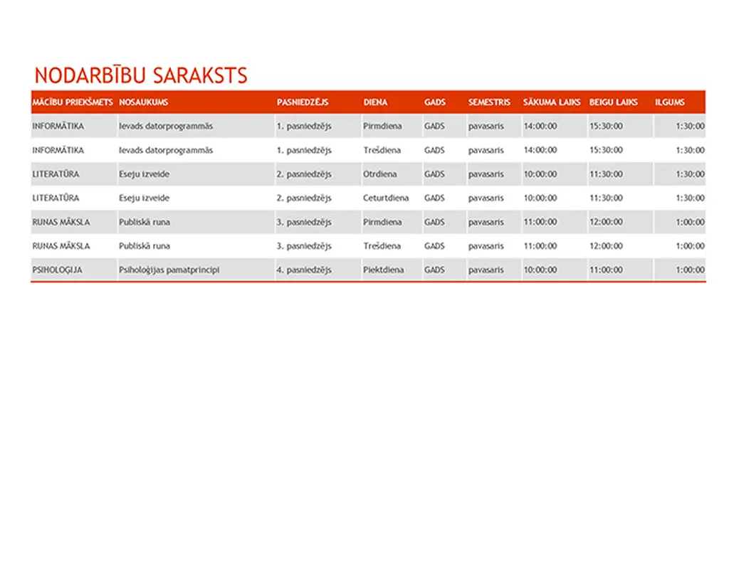 Semestris pārskatāmā formātā modern-simple