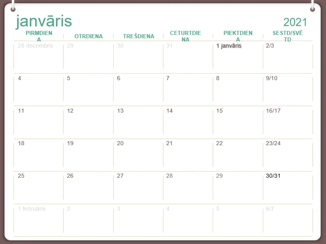 Klasisks sienas kalendārs (Pr-Sv, divu gredzenu noformējums) green modern-simple
