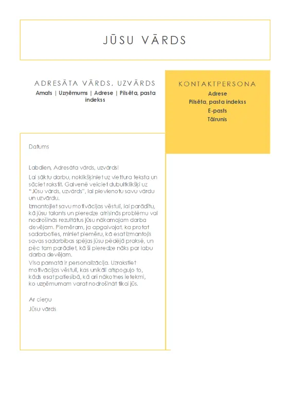 Izteiksmīga un pārskatāma motivācijas vēstule, ko izveidojis uzņēmums MOO yellow modern-simple