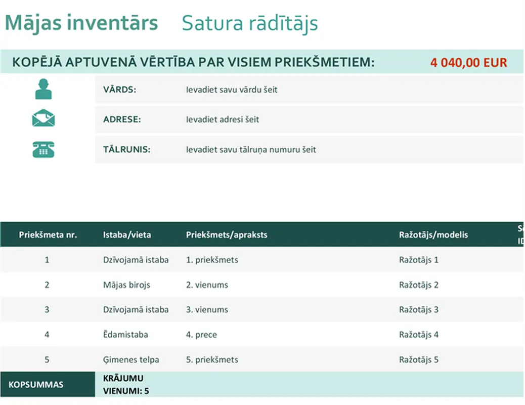 Mājas inventārs modern simple