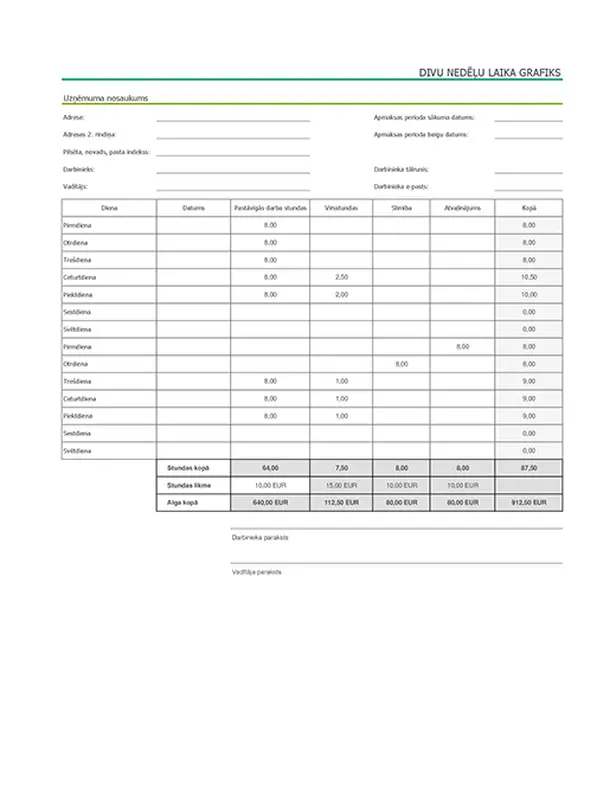 Divu nedēļu laika grafiks ar slimības dienām un atvaļinājumu (ar parauga datiem) modern simple