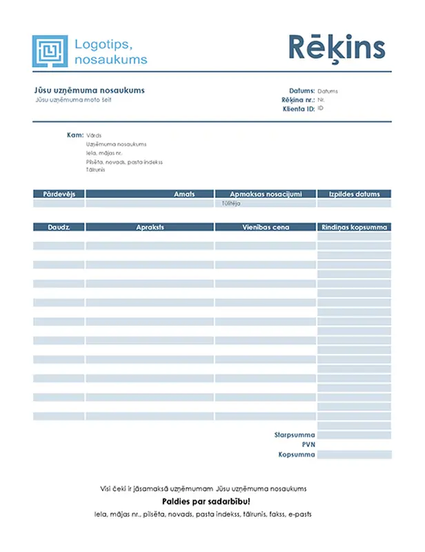 Rēķins par pakalpojumiem (vienkāršs, zils noformējums) modern-simple