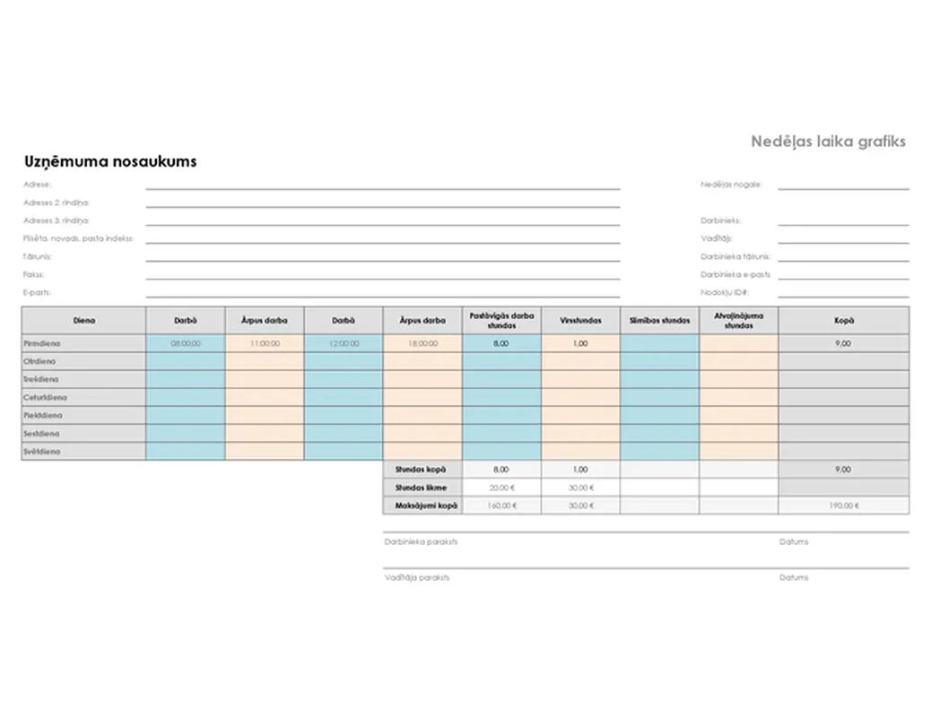 Nedēļas laika grafiks (8 1/2 x 11, ainavorientācija)