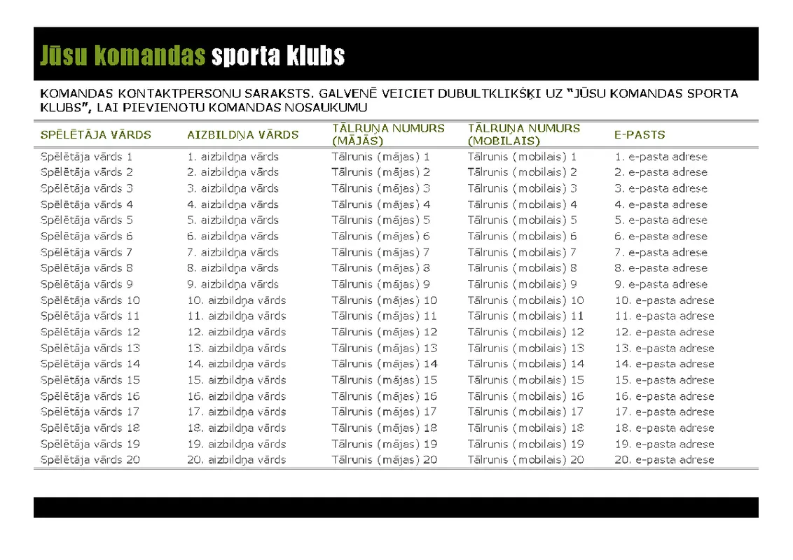 Kontaktpersonu saraksts jauniešu sporta komandai