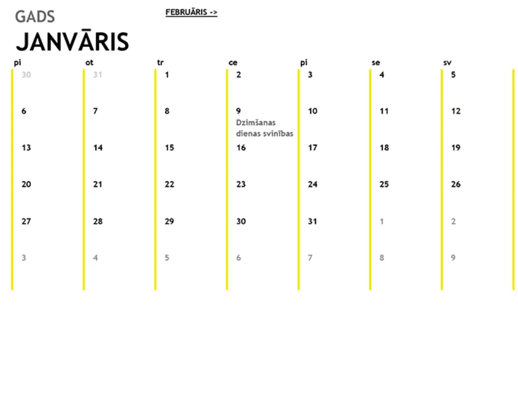 12 mēnešu kalendārs yellow modern-simple