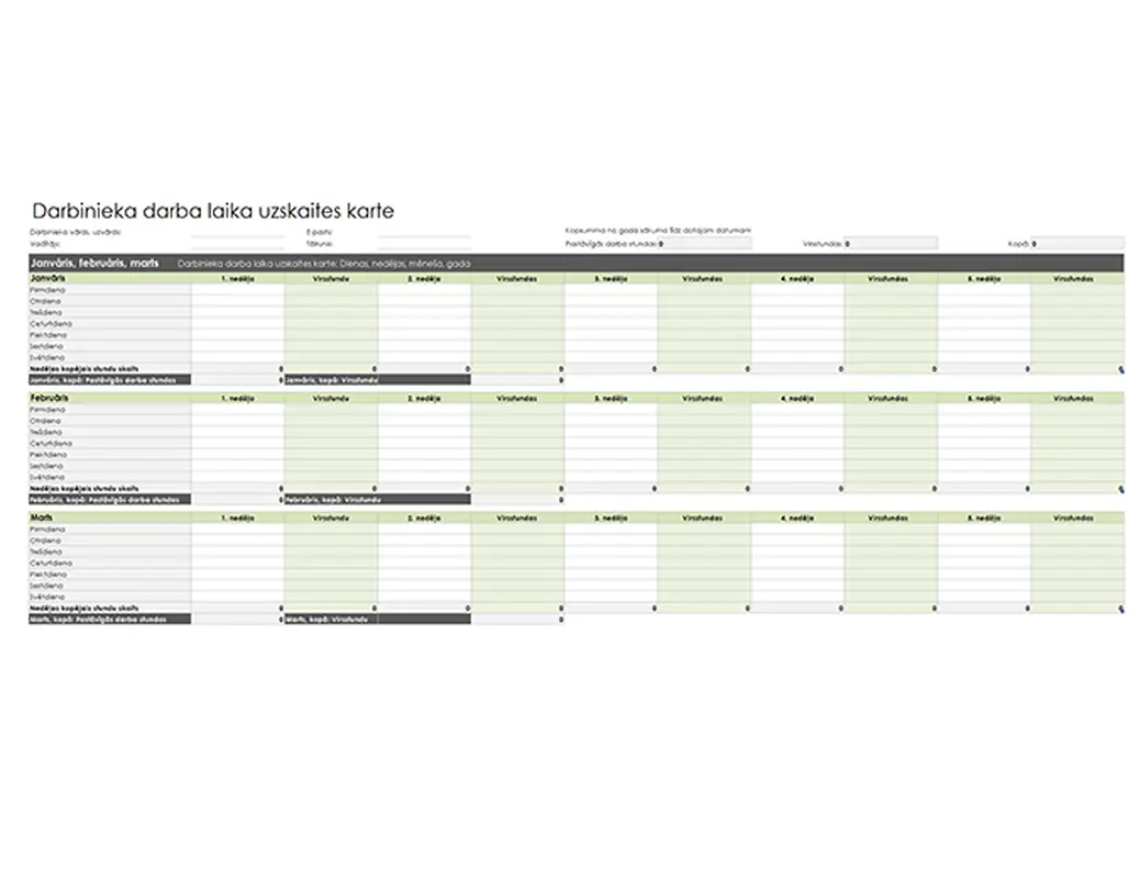 Darbinieka darba laika uzskaites karte (dienai, nedēļai, mēnesim un gadam) modern simple