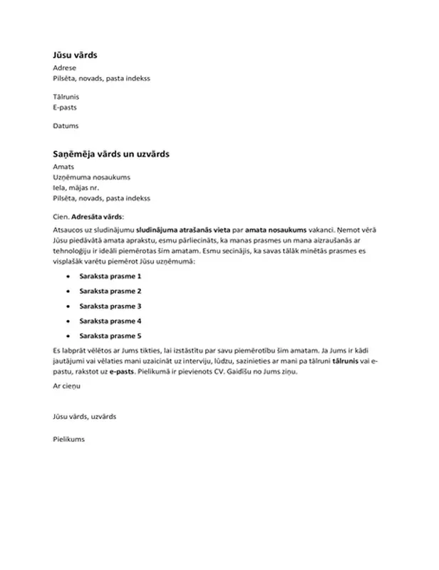 Motivācijas vēstule ar atbildi uz sludinājumu