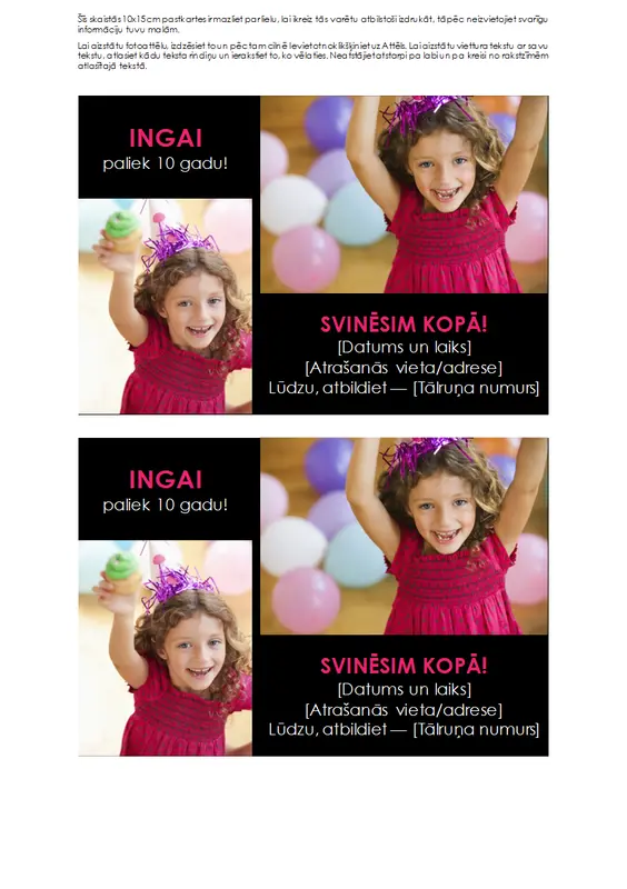 Dzimšanas dienas svinības uzaicinājuma pastkartes ar fotoattēliem (divas katrā lapā)