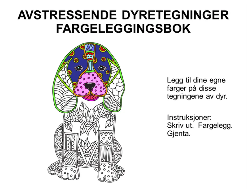 Avstressende fargeleggingsbok med dyretegninger