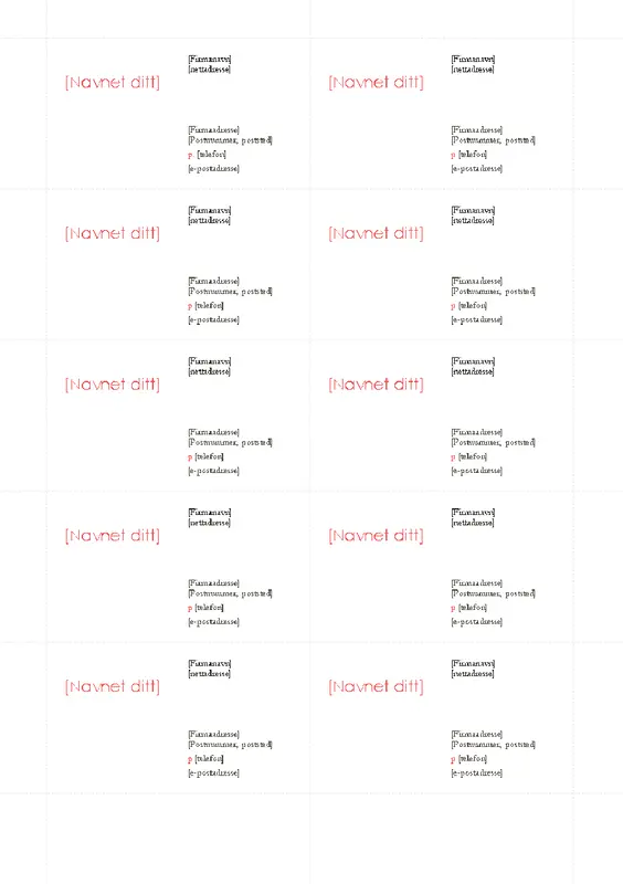 Visittkort (rød utforming, 10 per side) modern bold