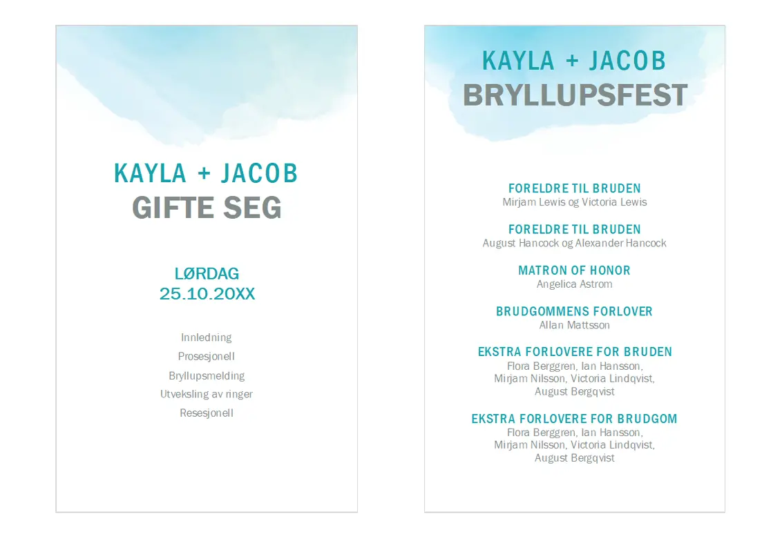 Bryllupsprogram på lavering med akvarell organic simple