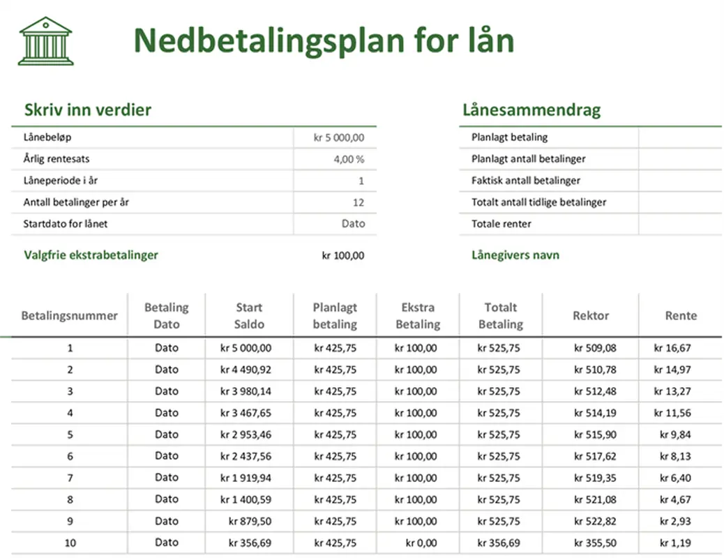 Nedbetalingsplan for lån modern-simple
