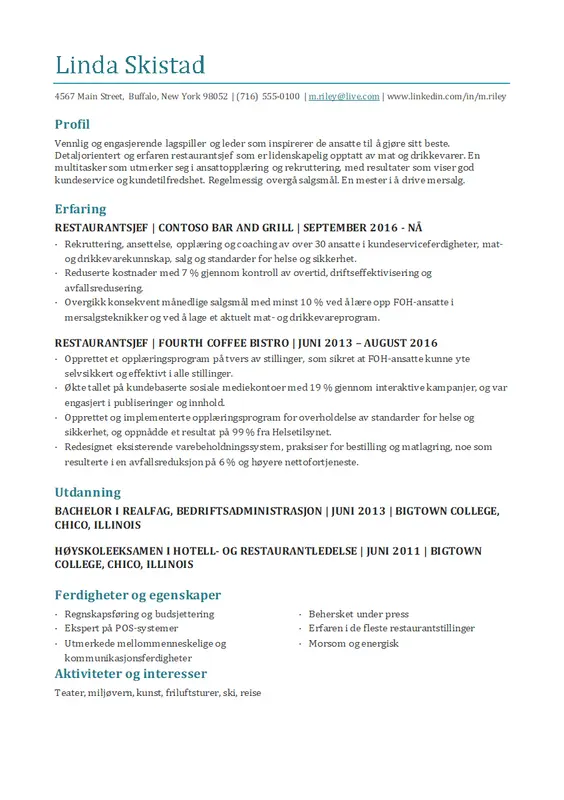 CV for Restaurantsjef modern-simple