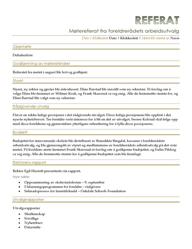 Møtereferat fra foreldrerådets arbeidsutvalg