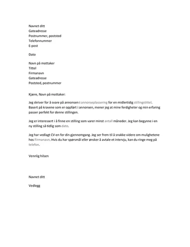Følgebrev til CV for midlertidig stilling
