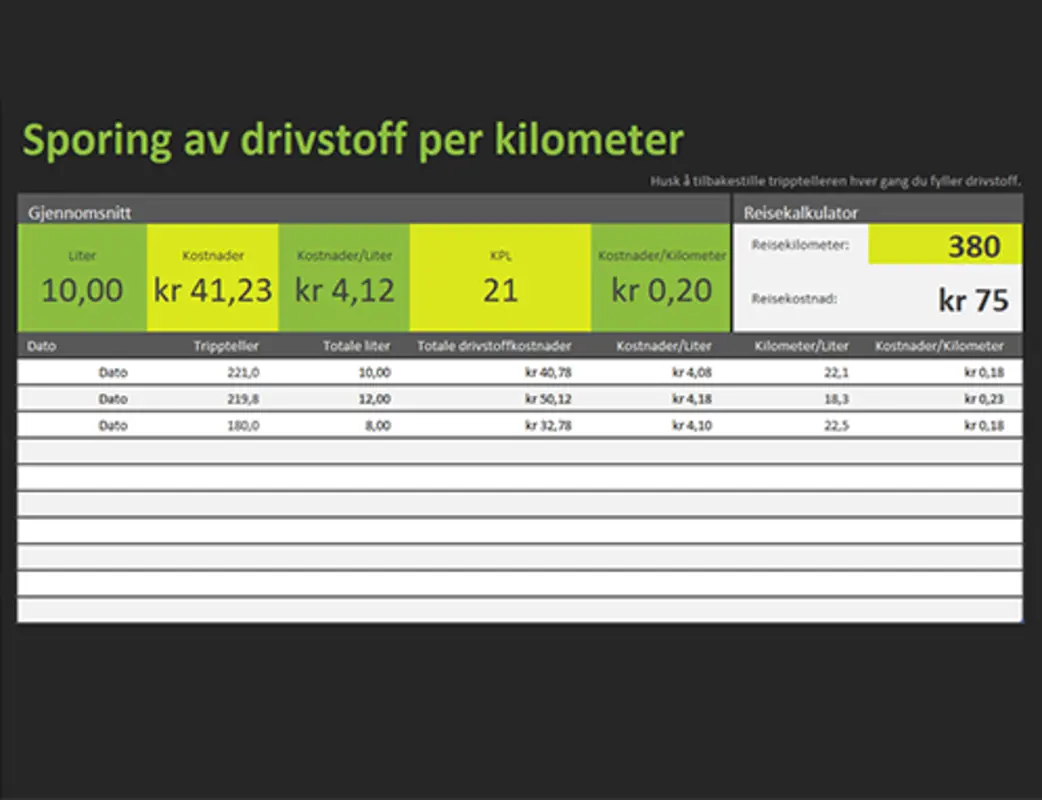 Logg for drivstoff-forbruk per kjørelengde green modern simple