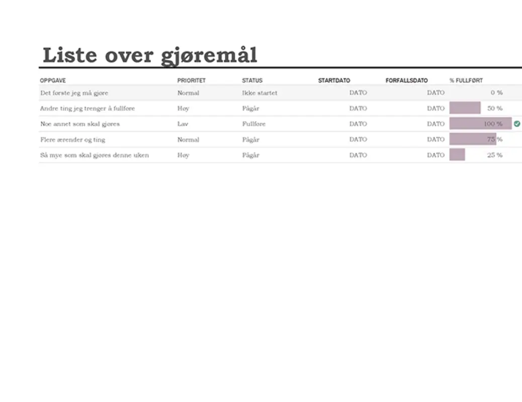 Gjøremålsliste med fremdriftslogg modern simple