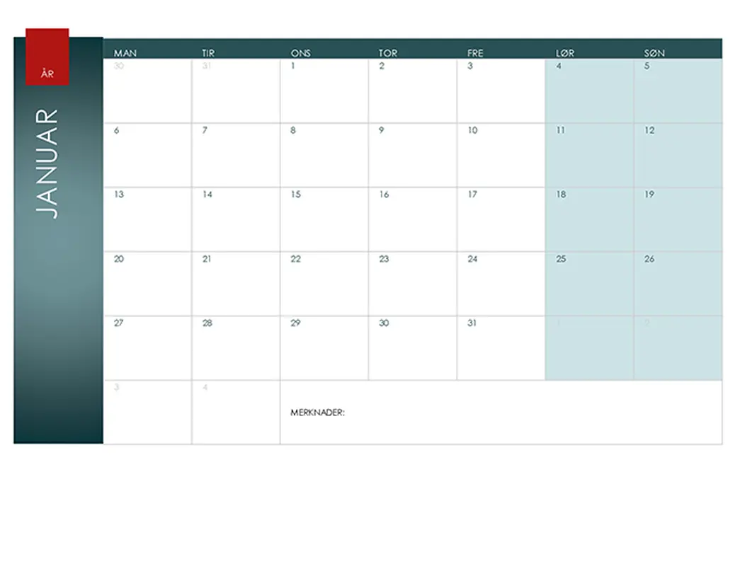 Kalender for hvilket som helst år (Ion-tema)