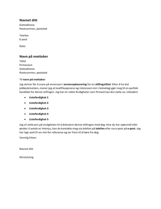 Følgebrev som svar på annonse