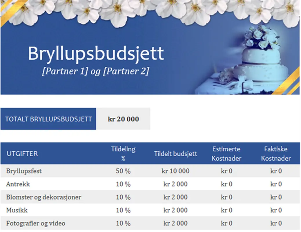 Bryllupsbudsjettoversikt modern simple