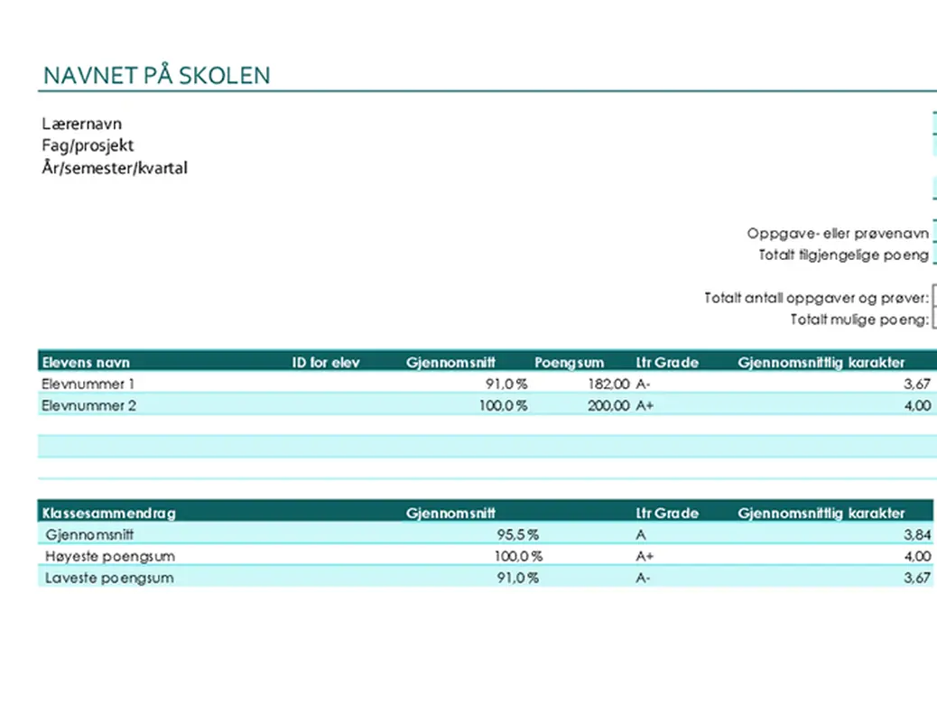 Karakterbok for lærere (basert på poeng) modern simple