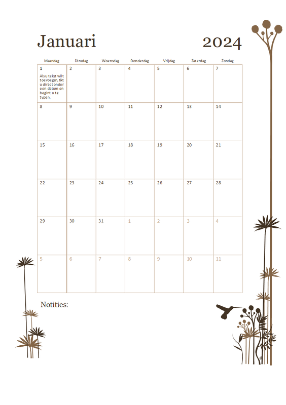 Kalender van 12 maanden (ma-zo) met kolibrie brown modern-simple