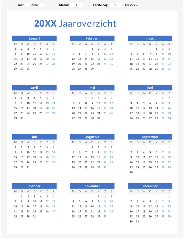 Overzichtelijke doorlopende jaarkalender (staand) blue modern-simple