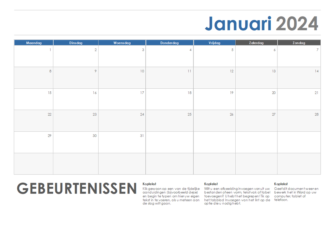 Horizontale kalender (begint met maandag) blue modern-simple