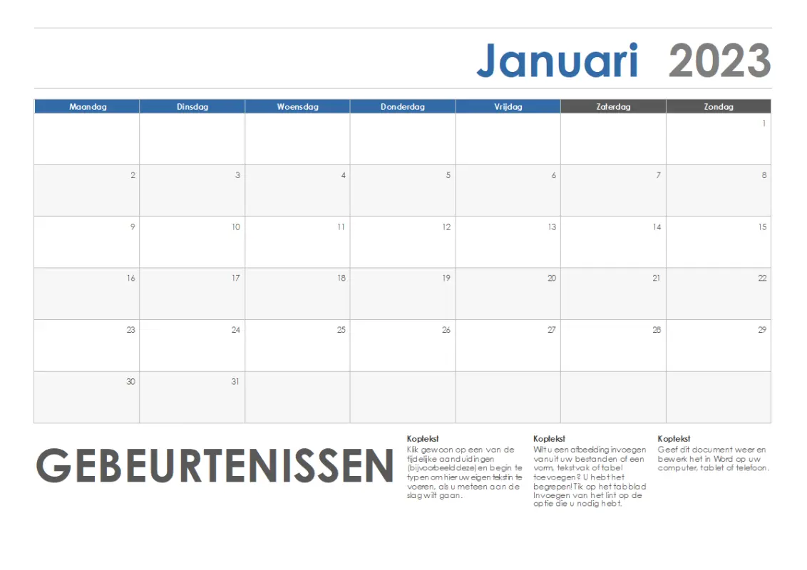 Horizontale kalender (begint met maandag) blue modern-simple