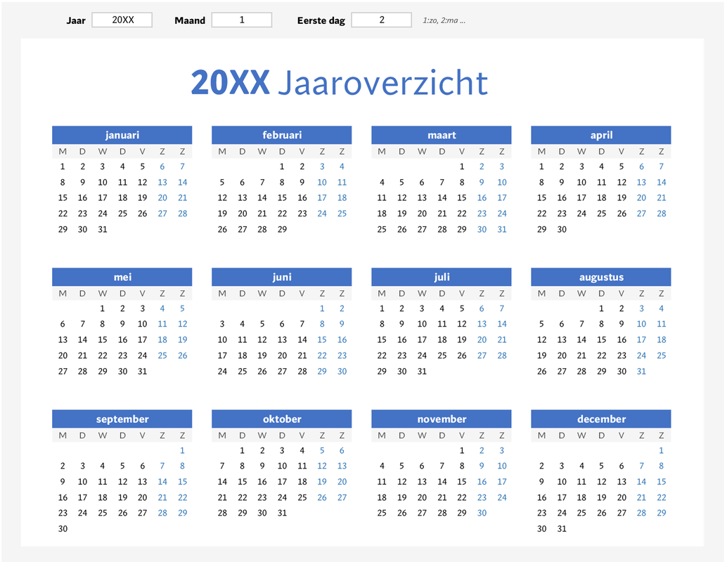 Overzichtelijke jaarkalender (liggend) blue modern-simple