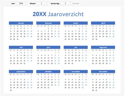 Overzichtelijke jaarkalender (liggend) modern-simple