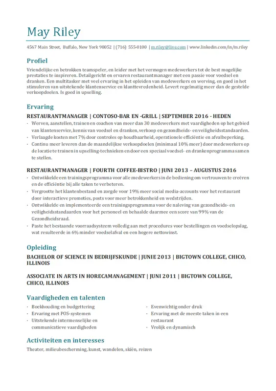 Curriculum vitae voor restaurantmanager modern-simple
