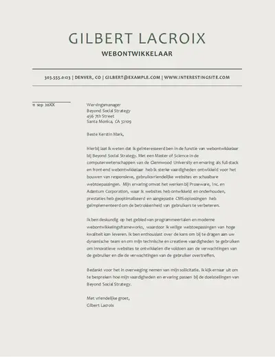 Moderne begeleidende brief voor webontwikkelaars